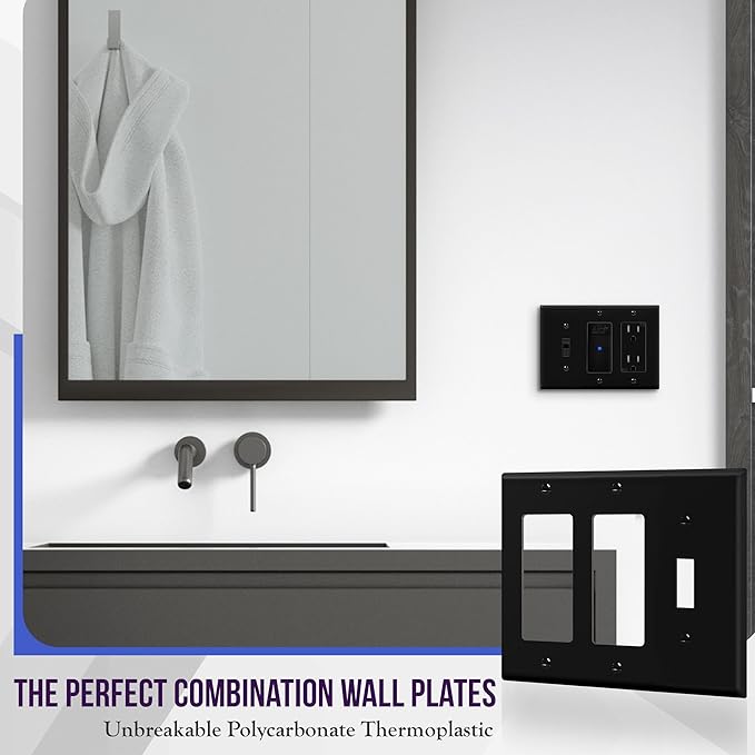 ENERLITES Combination Toggle Light Switch/Decorator Light Switch Plate, Three Gang Wall Plate, Standard Size 3-Gang 4.50" x 6.38", Polycarbonate Thermoplastic, 881132-BK, Black