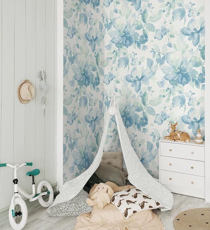 NextWall Watercolor Flower Peel and Stick Wallpaper (Seaglass)