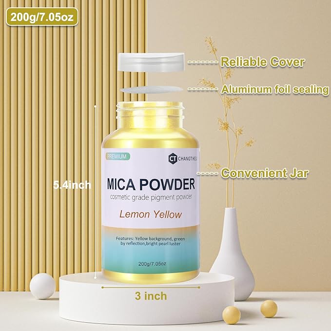 Mica Powder,7.05OZ（200g）,Lemon Yellow Mica Powder Pigment for Epoxy Resin，Lip Gloss，Car Paint，Dye，Soap Making，Nail Polish,Epoxy Resin,Candle Making,Bath Bombs