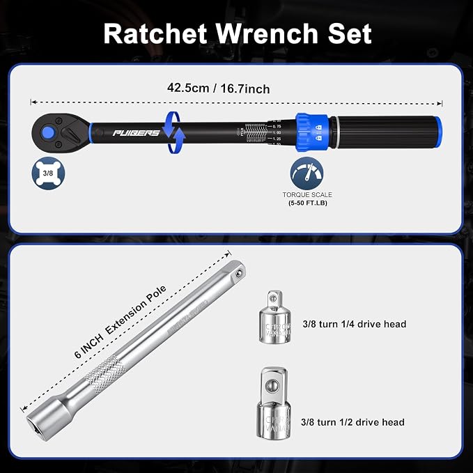 5PCS Torque Wrench Set 3/8" Drive 5-50 FT.LB, Dual-Direction 72-Tooth Adjustable Torque Wrenches with 6" Extension Bar, 3/8" to 1/2" & 1/4" Adapters for Car, Motorcycle,Bike Maintenance