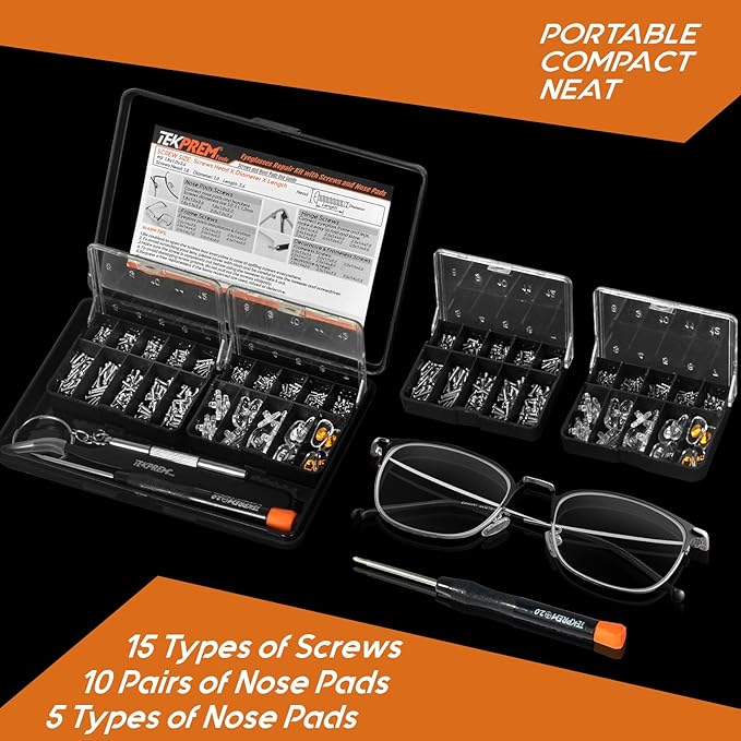 TEKPREM Magnetic Eyeglass Repair Tool Kit, Eye Glasses Repairing Screwdriver Set with Compatible Eyeglass Screws,Silicone Nose Pads,Tweezer,Small Screwdriver for Eyeglasses,Sunglasses and Nose Pads