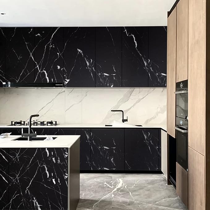 practicalWs 17.71''×196.8'' Marble Contact Paper Black/White Peel and Stick Wallpaper Thicken Self Adhesive Black Wallpaper for Countertops Cabinets Decorative Easy to Remove Upgrade