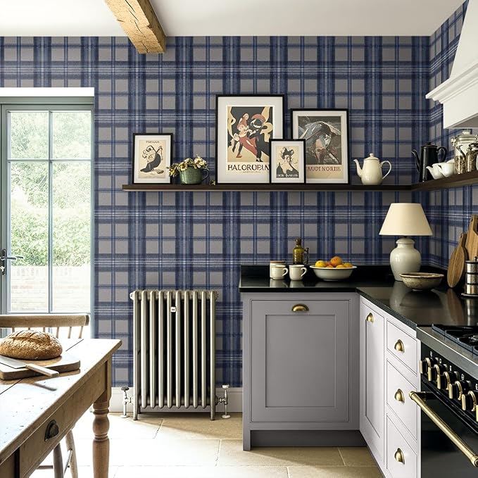 NextWall Harry & Grace Herringbone Plaid Premium Matte Non-Woven Peel and Stick Wallpaper (Blue Smoke)