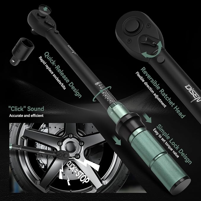 DISEN 9PC Click Torque Wrench Set 1/4" 3/8" 1/2" ±3% Accuracy Storage Box | 20-220 In.lb, 5-45 Ft.lb, 10-170 Ft.lb| 6 adapters | 72-tooth ratchet | Dual scale | For bike, car,motorcycle,truck repair