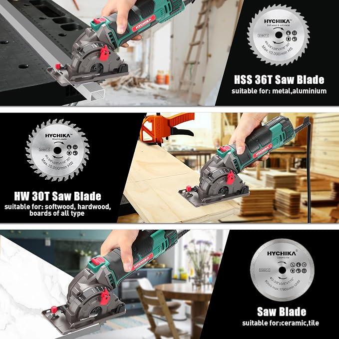 HYCHIKA Mini Circular Saw, Compact with 3 Blades 4A Pure Copper Motor, Scale Ruler, 3-3/8”4500RPM Ideal for Wood, Soft Metal and Plastic Cuts