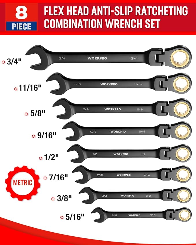 WORKPRO 8-piece Ratcheting Combination Wrench Set, SAE & Anti-Slip Tooth | SAE 5/16-3/4", 180° Flex-Head, 72-Tooth Cr-V Steel, Black Electrophoretic Coating with Rolling Pouch for Auto Repair & DIY