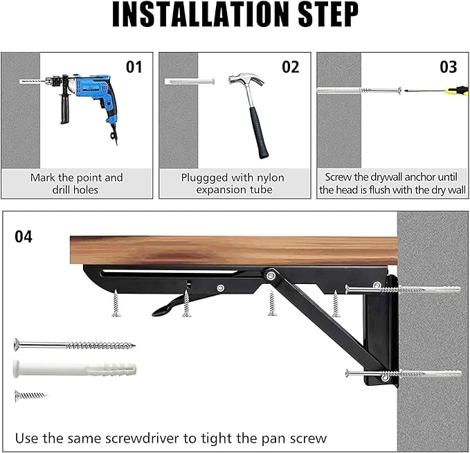 Folding Shelf Brackets - 8 inch 4Pcs Heavy Duty Metal Collapsible Shelf Bracket, DIY Wall Mounted Foldable Shelf Bracket, Space Saving for Bench Table