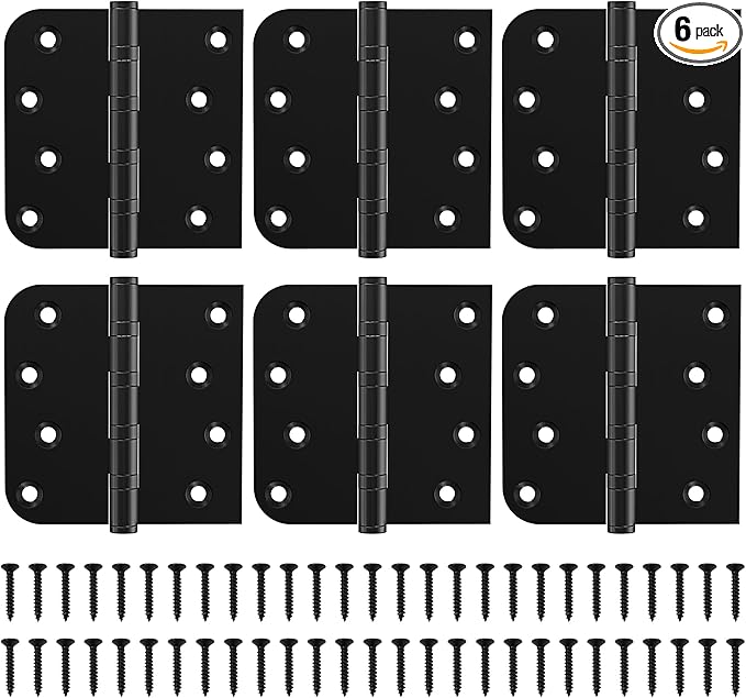 KOLET Ball Bearing Door Hinges, 4 x 4 Inches Black Door Hinges, Heavy Duty Stainless Steel Hinges, Square and 5/8'' Radius Corner, Smooth and Quiet, Non Removable Pin, Matte Black, 6 Pack