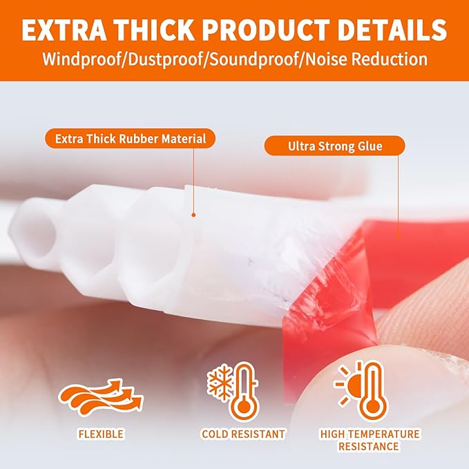 50 Feet Self-Adhesive Rubber Weather Stripping Fits Big Gaps, Extra Thick Rubber Door Weather Stripping Door Seal Strip for Door Frame Door Insulation Strip Waterproof(White)