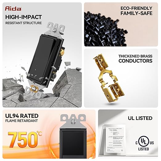 AIDA 1 Pack 3 Way Rocker Decora Light Switch, 15 Amp Self-grounding Electrical Light Switches, Residential Grade, UL Listed, Glossy Black