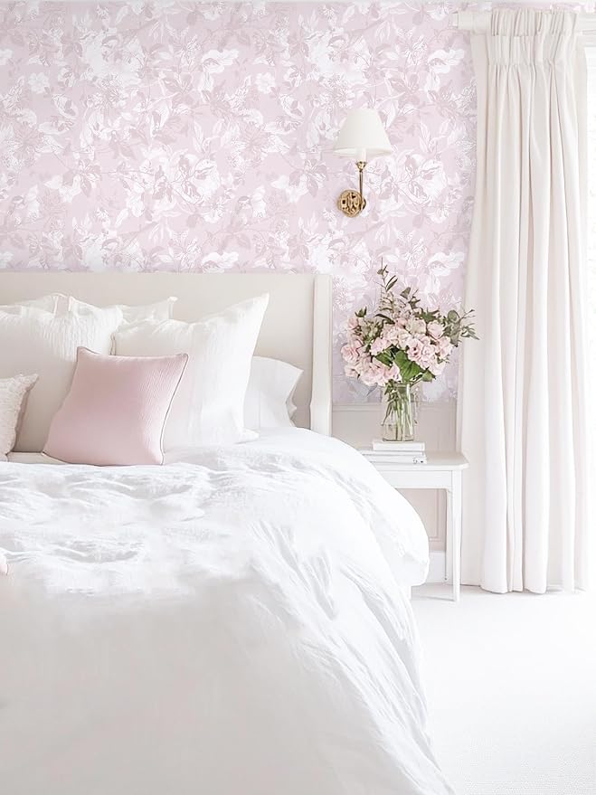 17.3" X 393" Peel and Stick Wallpaper Floral Boho Pink Contact Paper Bird Cute Girl Modern Wall Paper Renter Friendly Waterproof Removable Self Adhesive Bedroom Kitchen Dorm Cabinets Vinyl