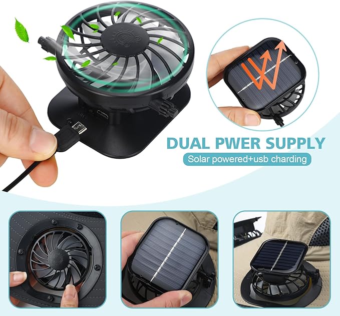 Glitopper 2 Set Wide Brim Solar Fan Hats with 2 Solar Fan and Arm Sleeves Set Outdoor Fishing Bucket Hat for Men Women Hiking