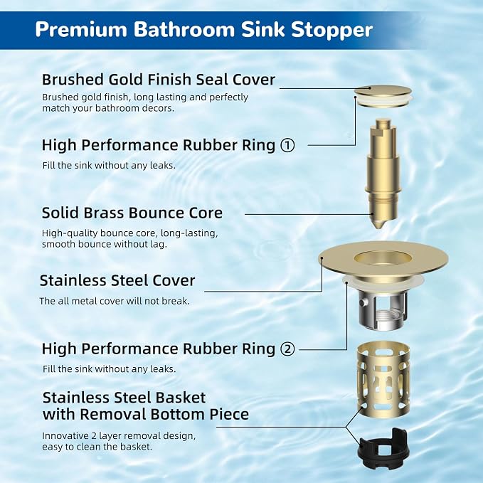 Hibbent Upgraded 3 in 1 Bathroom Sink Drain Strainer, Universal Pop Up Stopper with Removable Stainless Steel Filter Basket Hair Catcher, Sink Plug for 1.1''~2.36'' Basin, Brass Core, Brushed Gold