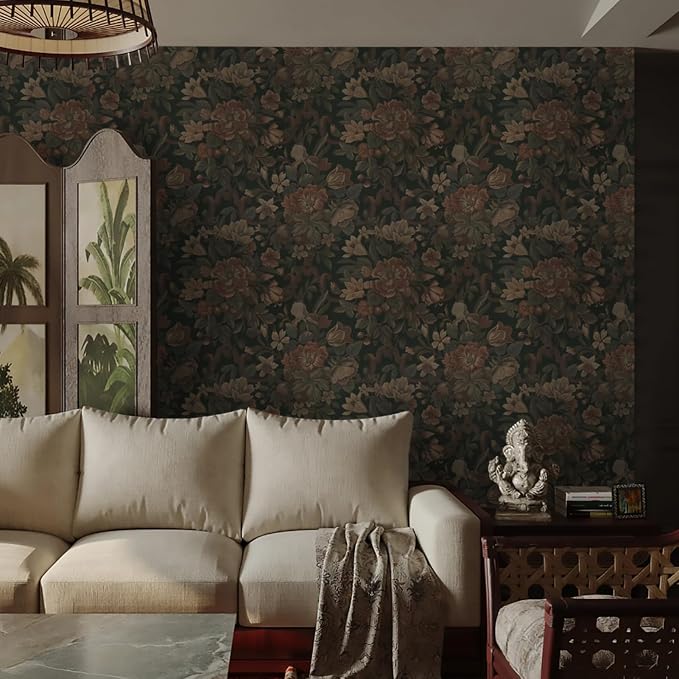 Dimoon Vintage Peel and Stick Wallpaper Dark Green Floral Wall Paper 16.1"x787" Retro Victorian Moody Wallpaper Renter Friendly Dark Floral Gothic Contact Paper for Bedroom Shelf Liner Vinyl Roll