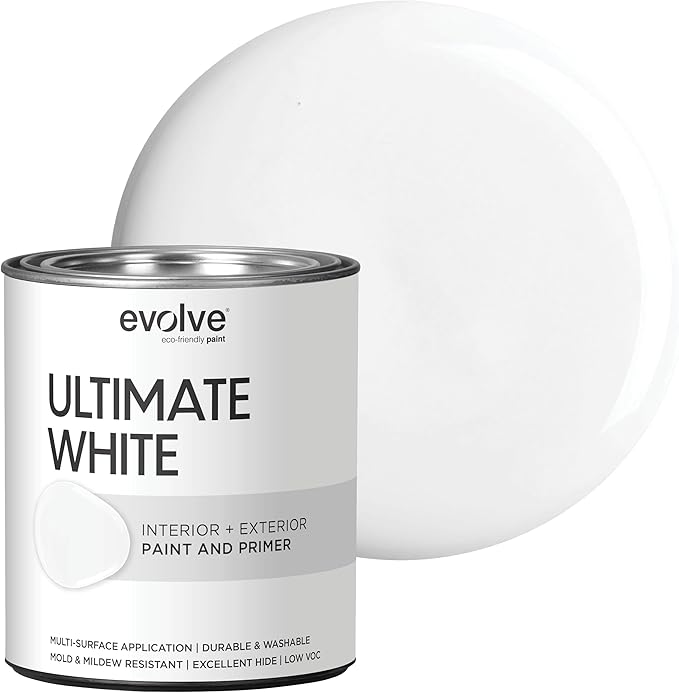 EVOLVE Ultimate White Paint & Primer in One, Flat White, 1 Quart – Interior & Exterior, One-Coat Coverage, Excellent Hide, Low Odor, Low VOC, Washable Paint for Walls, Ceilings & Trim