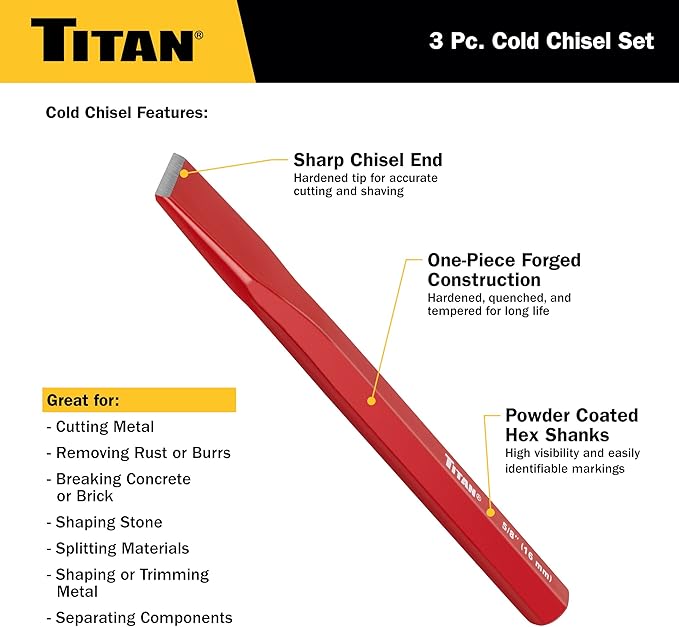Titan 17081 3-Piece Heavy-Duty Cold Chisel Set, Includes 3/8, 5/8, & 1/2" Metal Chisels for Carpentry, Metalwork, Woodwork, & Masonry Work