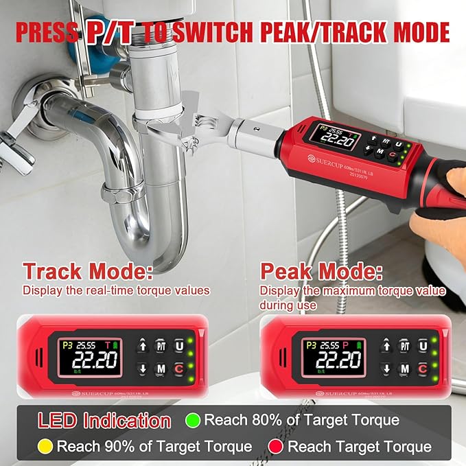 9x12 mm Adjustable Digital Torque Wrench, 0.66-44.29Ft.Lb/0.9-60N.m | Interchangeable Open End Head 42mm Jaw & 3/8" Ratchet, Vibration/Buzzer/LED Alert, for Split AC, HVAC, Bike & Moto Repair