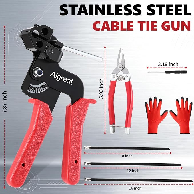 Stainless Steel Zip Ties Kit with 150 Metal Cable Ties & Metal Cable Tie Wrap Gun, Heavy Duty Outdoor Fastening Tool for Exhaust Pipe, Chain Link Fence, Auto Repair, Industrial Cable Binding