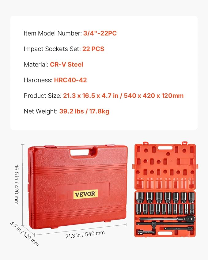 VEVOR Impact Socket Set 3/4 Inches 22 Piece Deep Impact Sockets, 6-Point Sockets, Rugged Construction, CR-V Drive Socket Set Impact SAE 13/16 inch - 2 inch, Includes Carrying Case and Ratchet Handle