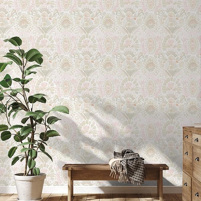 Tempaper Pink Bohemia Damask Removable Peel and Stick Boho Wallpaper, 20.5 in X 9 ft, Made in the USA