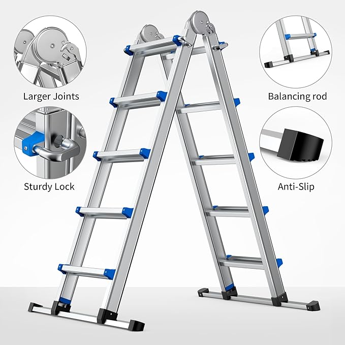 20.5FT Aluminum Foldabl Extension Ladder - Heavy-Duty A-Frame Adjustable Design for Home & Work, 330lbs Capacity, Retractable System with Safety Lock