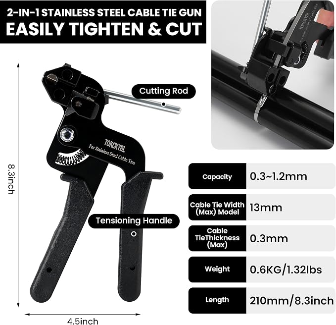 Stainless Steel Cable Tie Gun Set – Heavy Duty Metal Zip Tie Tool Kit with 150PCS Self-Locking Ties, Adjustable Fastening & Cutting Tool for Outdoor Fencing, Exhaust Pipes(Black)