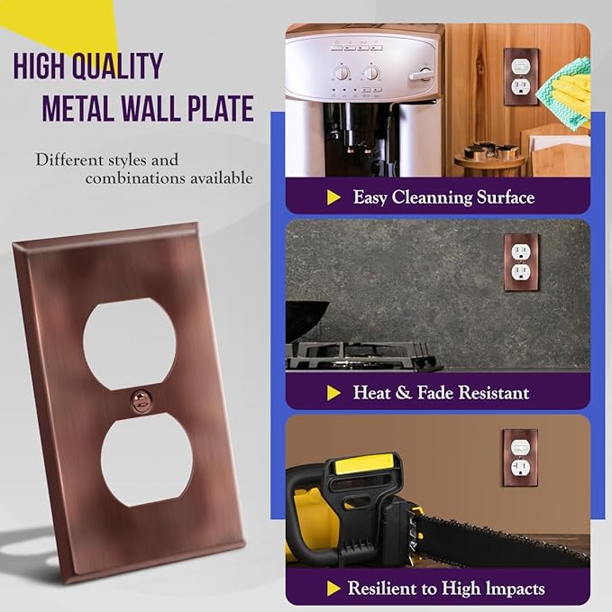 ENERLITES Duplex Receptacle Metal Wall Plate, Stainless Steel Outlet Cover, Corrosion Resistant, Standard Size 1-Gang 4.50" x 2.76", Stainless Steel 201, 7721-AC, Antique Copper