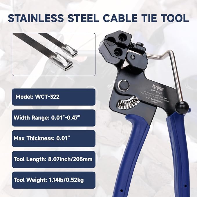 iCrimp Stainless Steel Cable Tie Tool Zip Gun with Built-in Cutter | One-Handed Stainless Steel Zip Tie Gun,Release Tool,100pcs 11.8 inch Metal Cable Ties included