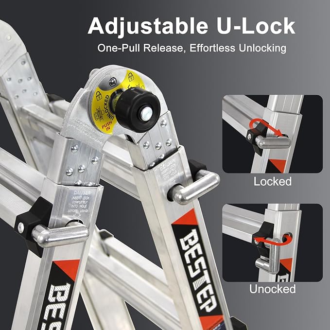 15FT Adjustable Folding Multi-Position Ladder,A Frame 4-Step Anti-Slip Ladder with Aluminum Joint,Silver,ANSI Type 1A, 300 lbs Load Capacity,Welding Construction (YQGNT-4540)