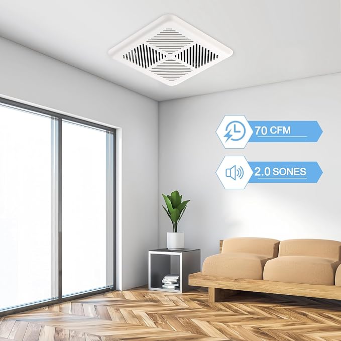 Tech Drive Very Quiet Bathroom Exhaust Fan - 70 CFM, 2.0 Sone, No Attic Access Needed, Energy Star Certified, Easy to Install,3-Inch Duct, Ceiling Mounted for Bathrooms Up to 75 Sq. Ft, White