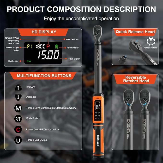 Digital Torque Wrench 1/2 Drive,Preset Value(3.76-250.8Ft.lbs./5.1-340Nm) | Buzzer and LED Alert,±2% High Accuracy,72-Tooth, Quick Release,Reversible,Large Screen,for Bike Motorcycle,Gift for Men,DIY