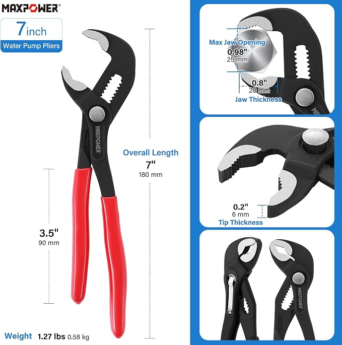 MAXPOWER 7-Inch Water Pump Pliers, 0.98" Jaw Open V Jaw Adjustbale Pliers | Quick Release Push Button Mini Pliers, Serrated Teeth, Comfortable Grips