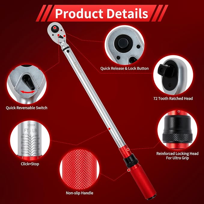 Hairich 3/4-Inch Torque Wrench, Dual-Direction Adjustable 60 tooth 100-400ft.lb/136-542Nm, Professional Torque Wrench, for Maintenance Tool and Product Assembly