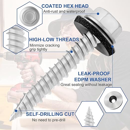 Metal Roofing Screws #10 × 1-1/4 Inch, 70-PCS, Hex Head Rustpert Coating Sheet Metal to Wood Siding Screw with EPDM Rubber Washer, Sharp Point, Hex Socket Included