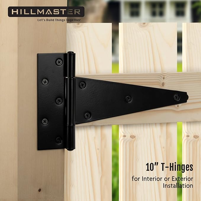 HILLMASTER 10 Inch T-Strap Heavy Duty Shed Door Hinges Gate Strap Hinges Black Tee Hinge Wrought Hardware for Wooden Fences,Yard,Barn Door,Rustproof (2 Pack)