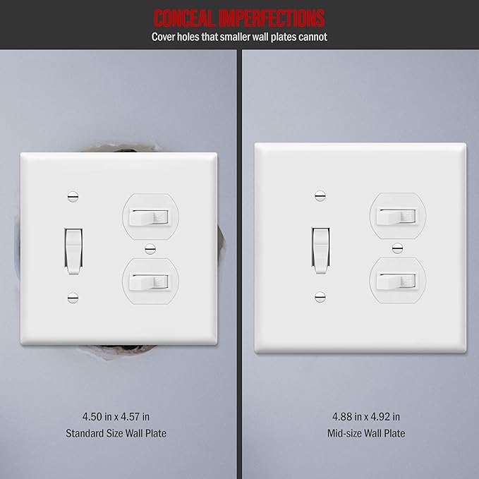 ENERLITES Combination Toggle Light Switch/Duplex Receptacle Outlet Wall Plate Cover, Midway Size 2-Gang 4.88" x 4.92", Polycarbonate Thermoplastic, UL Listed, 881121M-W, White