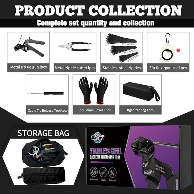 157PCS Heavy Duty 304 Stainless Steel Cable Tie Gun Kit, Includes 150PCS Metal Zip Ties(3 Sizes), Self-Locking, UV & Corrosion Resistant, for Fence, Exhaust Pipe, Chicken Coop, Farm Use