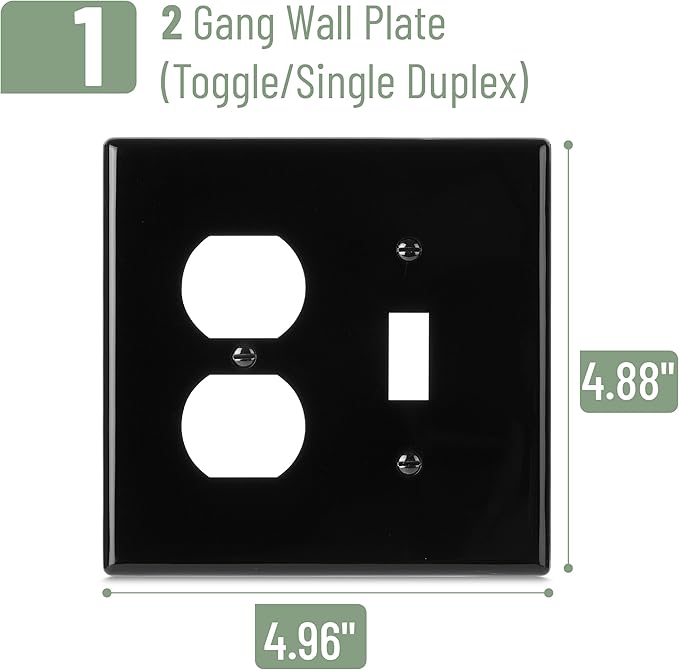 Bates- 2-Gang Combination Wall Plate, 4.88"x 4.96"/Mid-Size, Black, Toggle Light Switch/Duplex Receptacle Outlet, 2 Gang Wall Plate for Electrical Outlets, Double Outlet Cover Plate