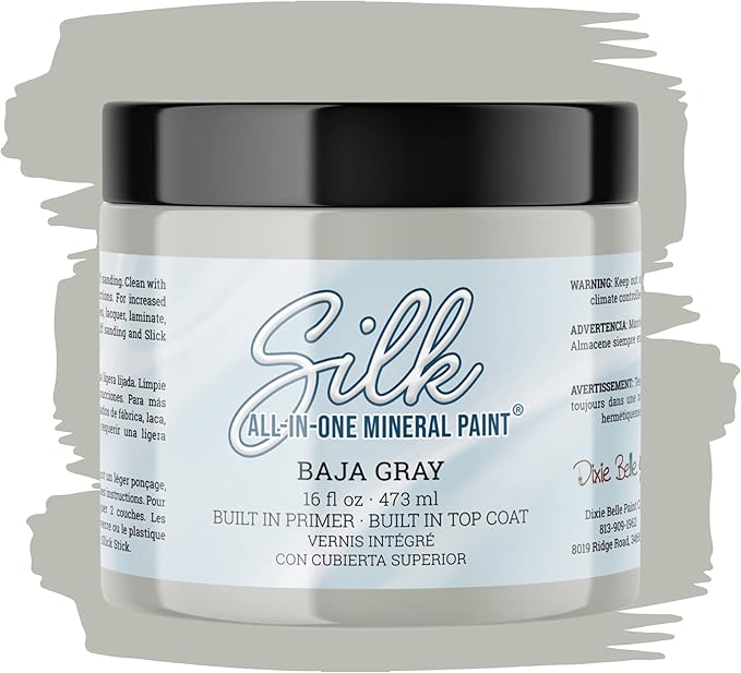 Dixie Belle Silk All-in-One Mineral Paint - Baja Gray (16oz) - Light Gray Water Based Built-In Primer + Topcoat for Wood + Metal - Durable Furniture Paint - Low Reflective Finish