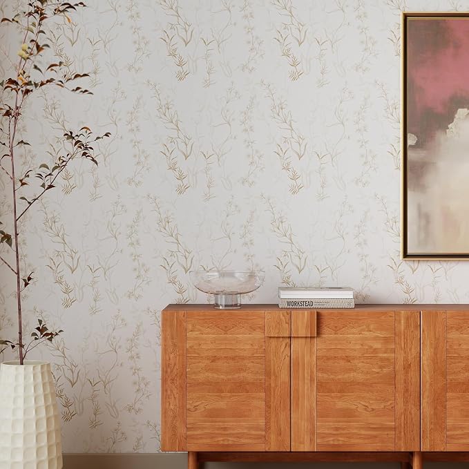 Timeet Botanical Floral Peel and Stick Wallpaper Beige Wildflower Self Adhesive Wall Paper Removable Plant Vine Wallpaper Contact Paper for Living Room Bedroom Accent Decor 17.7" x 78.7"