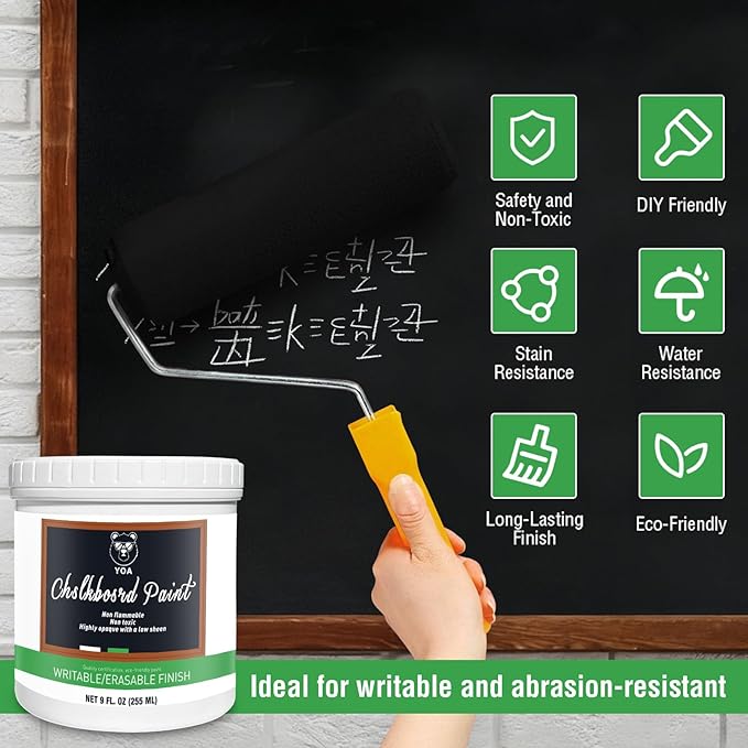 YOA Chalkboard paint, Black Matte, Acrylic Material, Non-toxic, 255g/9oz Cover 35 sp.ft, Suitable for Wood, Metal, Glass, Wall, Gypsum Board, Signs, Frames or any Surface, Interior/Exterior