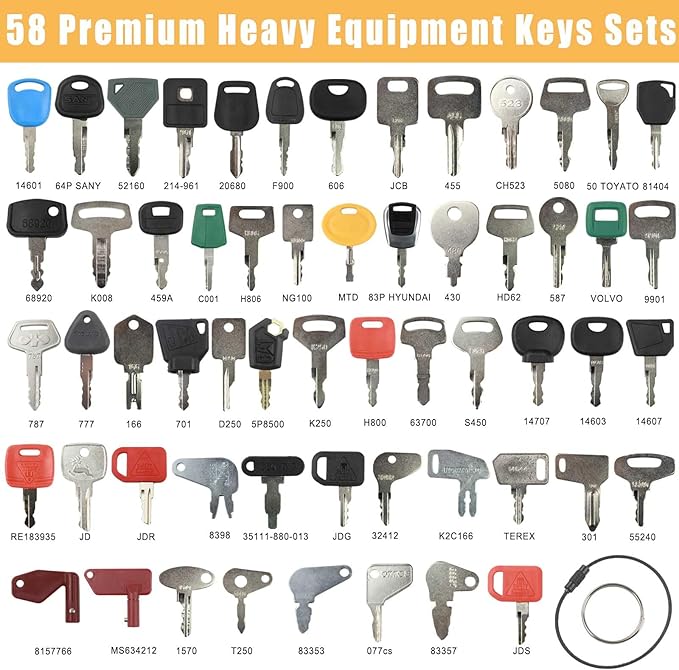 58 Heavy Equipment Keys Master Set for Bob-cat Cater-Pillar Ca-se JD HYS-TER Koma-tsu Kubo-ta Yanm-ar Take-uchi New Holl-and Vol-vo JL-G JC-B Toyo-ta Keys for Heavy Equipment Construction Machine
