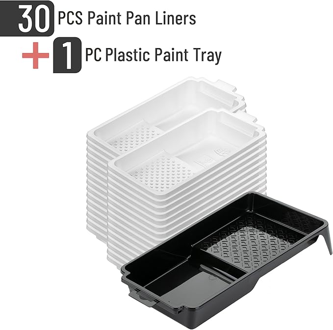 Bates- 4 Inch Paint Tray Set, 31 Pack, 1x 4 Inch Paint Roller Tray, 30x Disposable Plastic Liners, Black and White