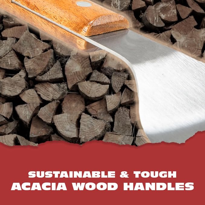 Pro BBQ Metal Spatula - 17" Barbecue Spatula Stainless Steel with Serrated Knife Edge - Acacia Wood Handle - Heavy Duty Built to Last