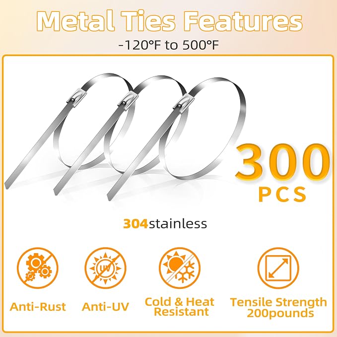 Stainless Steel Cable Tie Gun, 300PCS 304 Metal Zip Ties Heavy Duty Outdoor, 200LBS Tensile Strength & UV Resistant for Vehicles Exhaust Wrap Wire Fence Chicken Coop