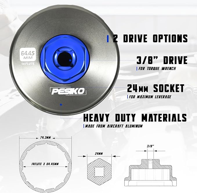 64mm Oil Filter Wrench, Drain Hose & Engine Oil Funnel for Toyota | Oil Filter Remover Tool, CNC Aircraft Aluminum, Lexus and Scion 2.0-5.7L Engine Cartridge Style