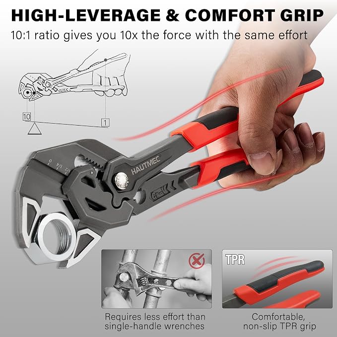 HAUTMEC Adjustable Pliers Wrench, 10-Inch Smooth Jaw Parallel Pliers, Heat-Treated CR-V Steel & Phosphated Rust-Resistant, SAE/Metric Scale, Storage Belt Pouch for Professional Plumbing & DIY