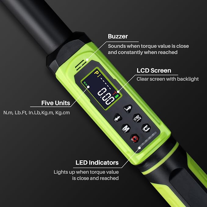Digital Torque Wrench 1/2" Drive-2.2-147.5Ft.Lb for Car Motorcycle | Electronic Torque Wrench(3-200N.m) ,Vibration Buzzer LED Indicator,±2% Accuracy Five Units for Bike Auto Truck Repair DIY