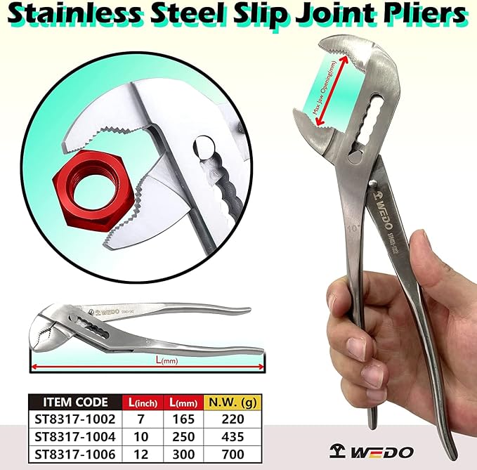 WEDO Groove Joint Pliers 12",Adjustable Water Pump Pliers,Stainless Steel | Tongue and Groove Pliers,Slip Joint Pliers,V-Jaw,Corrosion Resistant,Rust Proof,For Automotive,Home and Plumbing Repairs