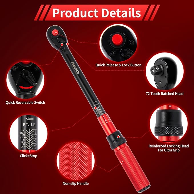 Hairich torque wrench 1/2, 10-170ft.lb/13.6-230Nm, ±3% HIGH PRECISION | 1/2 Inch Drive Click Torque Wrench, Dual-direction Torque Wrenches 72-tooth with Dual Range Scales, High Precision For Car